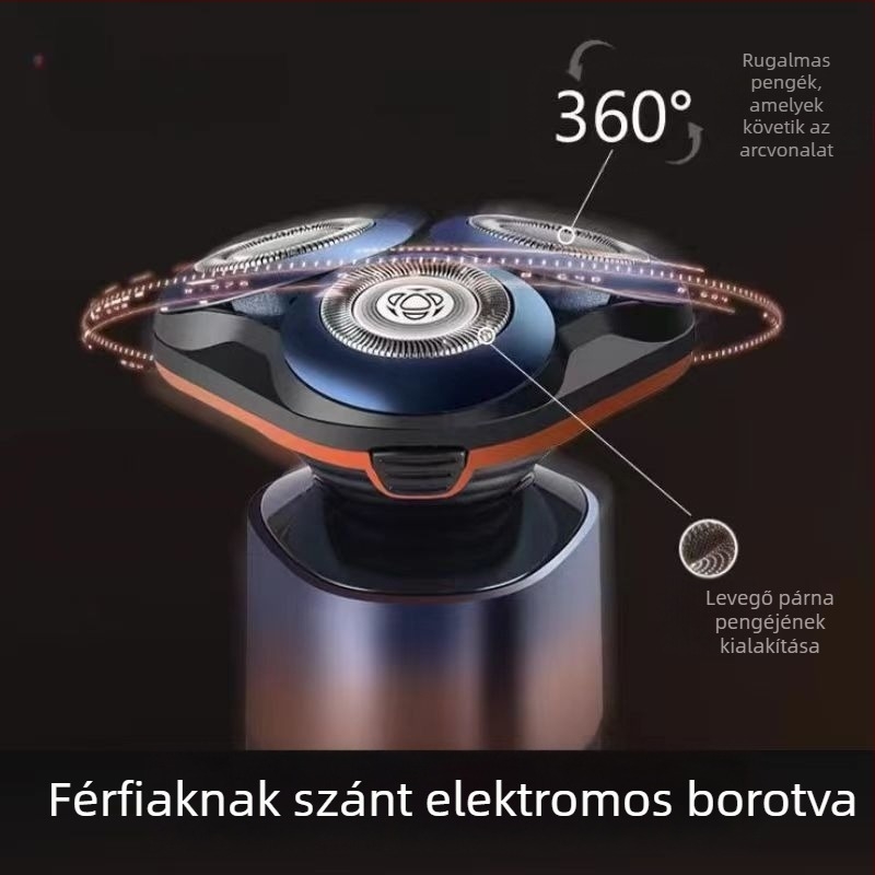 Elektromos borotva lebegő fejjel, forgó 3‑es fej, beépített újratölthető akkumulátor, kefe nélküli motor, levehető mosható fej