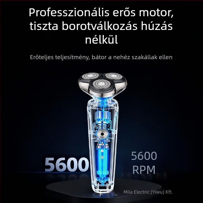 Férfiak számára elektromos borotva forgó hárompengés fejjel, lebegő vágófej, beépített 500–800 mAh akkumulátor, körülbelül 60 perc üzemidő, 4 órás töltési idő