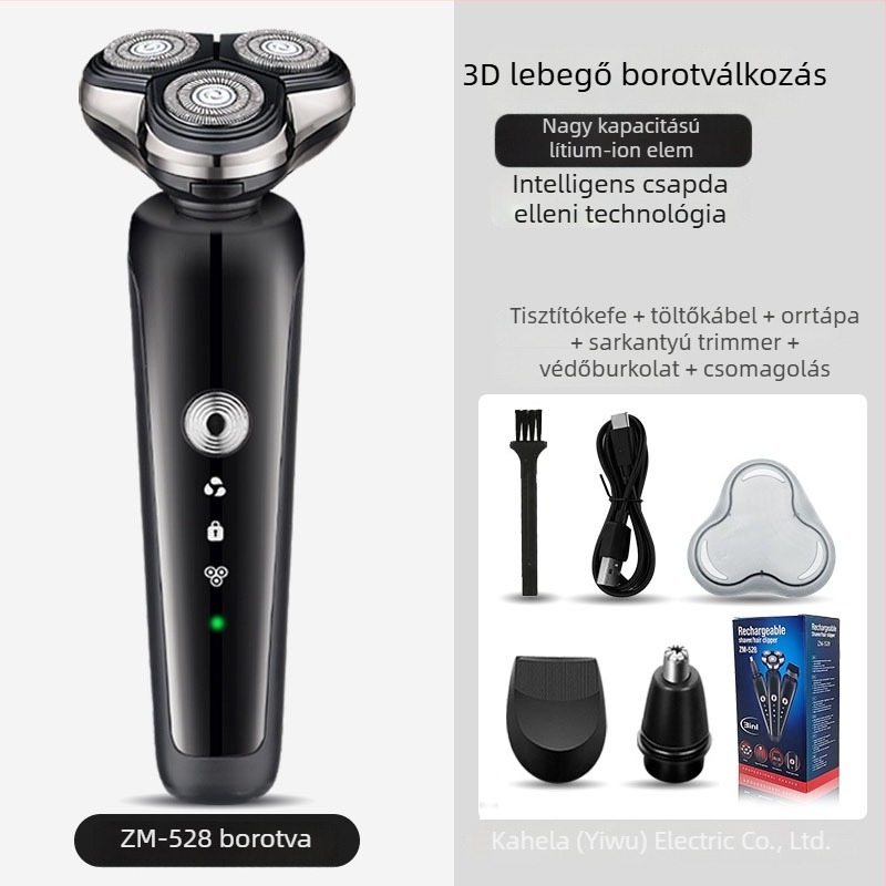 Férfiak számára elektromos borotva forgó hárompengés fejjel, lebegő vágófej, beépített 500–800 mAh akkumulátor, körülbelül 60 perc üzemidő, 4 órás töltési idő