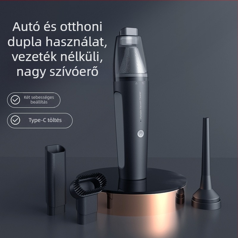 Vezeték nélküli autós porszívó, kézi, száraz típus, 50 W, 2100–3000 Pa szívóerő, beépített 1001–1600 mAh akkumulátor, 36–45 dB zaj, porgyűjtő tartály, kettős funkció szívás/szellőztetés