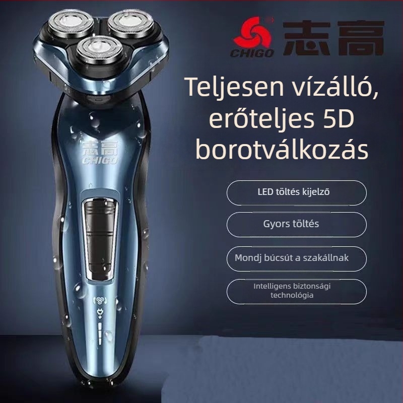 Elektromos borotva forgó fejű, 3 penge; beépített akkumulátor; üzemidő több mint 60 perc; újratölthető; teljesen mosható
