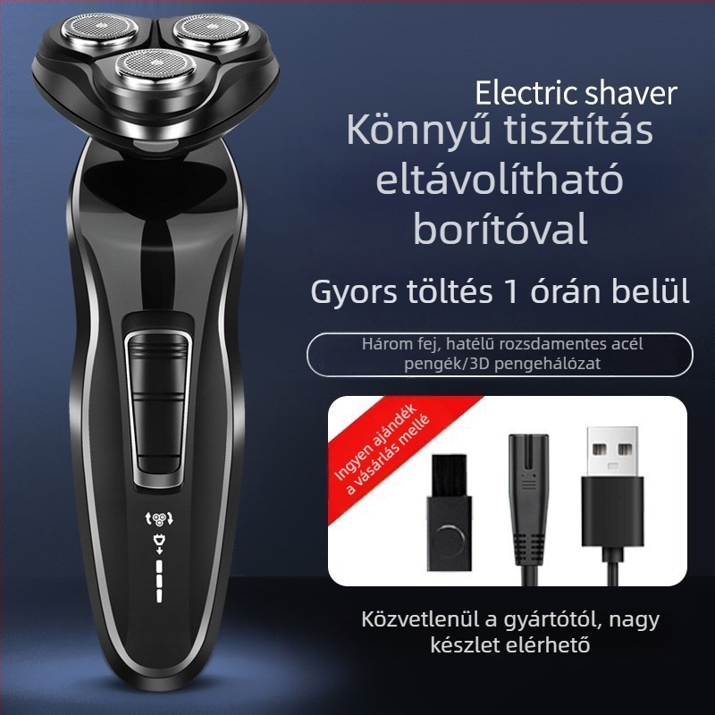 Elektromos borotva forgó fejű, 3 penge; beépített akkumulátor; üzemidő több mint 60 perc; újratölthető; teljesen mosható