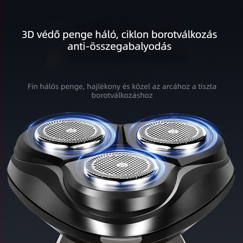 Elektromos borotva forgó fejű, 3 penge; beépített akkumulátor; üzemidő több mint 60 perc; újratölthető; teljesen mosható