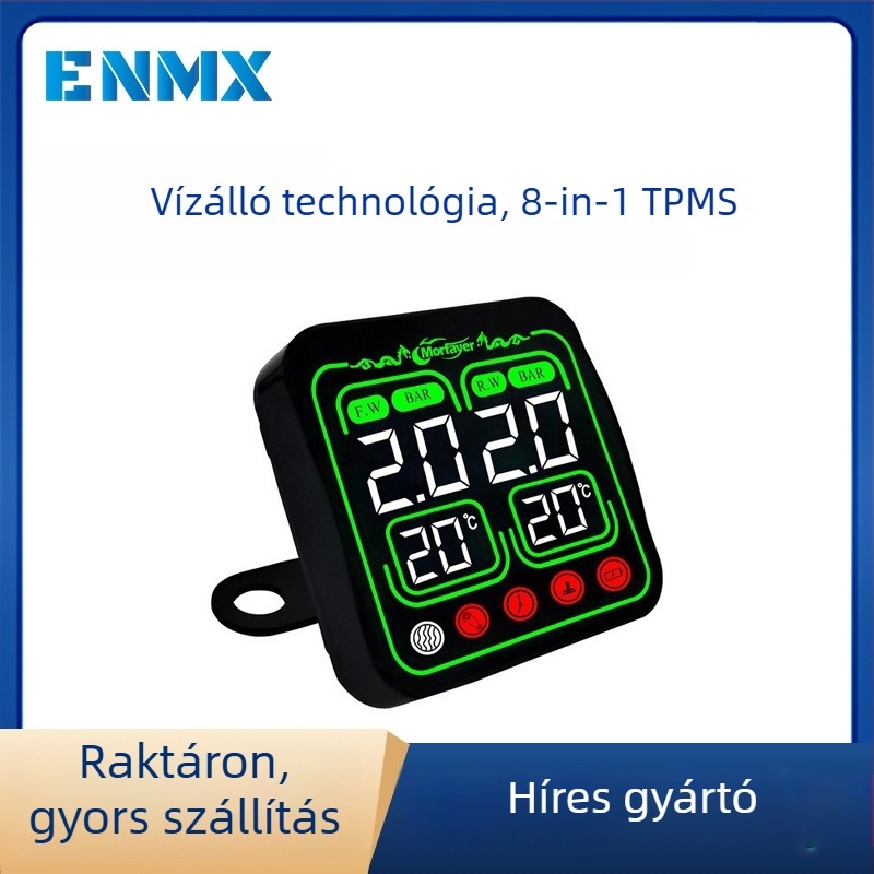 Nyolc az egyben motoros TPMS — külső nyomásfigyelő, digitális kijelző, magas pontosságú nyomásmérés, 12V kompatibilis, modell Yl-m6363, víz- és levegőhőmérséklet monitorozása
