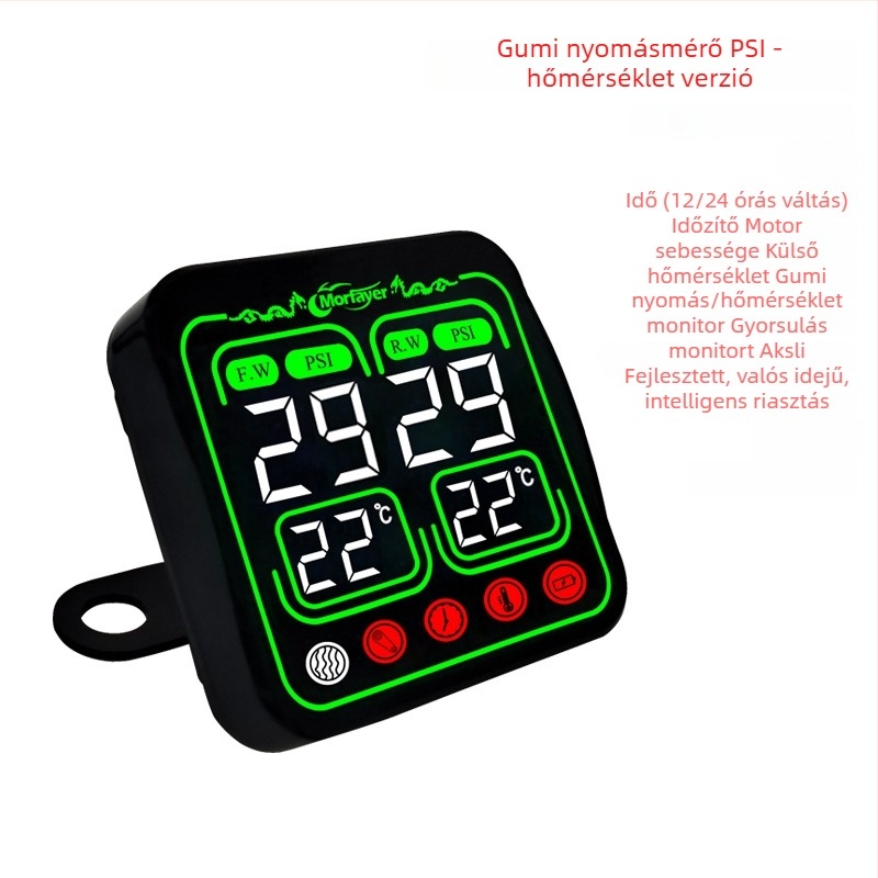 Nyolc az egyben motoros TPMS — külső nyomásfigyelő, digitális kijelző, magas pontosságú nyomásmérés, 12V kompatibilis, modell Yl-m6363, víz- és levegőhőmérséklet monitorozása