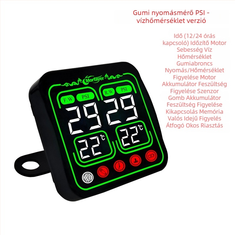 Nyolc az egyben motoros TPMS — külső nyomásfigyelő, digitális kijelző, magas pontosságú nyomásmérés, 12V kompatibilis, modell Yl-m6363, víz- és levegőhőmérséklet monitorozása