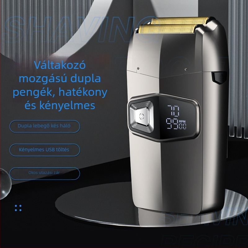 Férfi USB-töltéses elektromos borotva digitális kijelzővel, mosható, két reciproc fejjel — borotva készlet