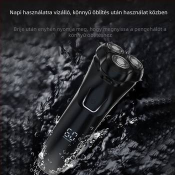 Elektromos borotva háromfejű forgó fejjel, egész testen mosható, USB töltés, beépített 500–800 mAh akkumulátor, 60 perc működési idő