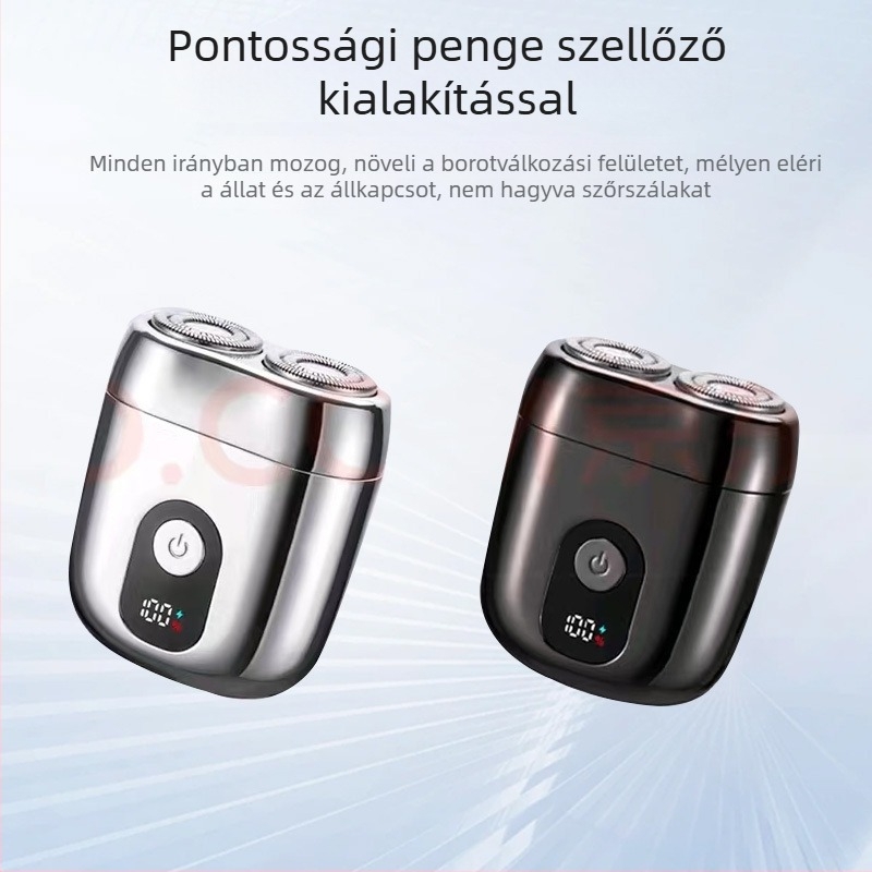Elektromos borotva forgó fejű, 2 penge, lebegő konstrukció, nedves és száraz használat, 60 perces üzemidő, 1 órás töltés