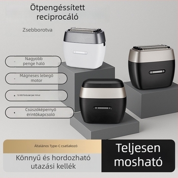 Férfi elektromos borotva, 5 pengével, USB gyors töltés, vízálló és folyó víz alatt tisztítható, brushless motor, beépített 1600 mAh akkumulátor