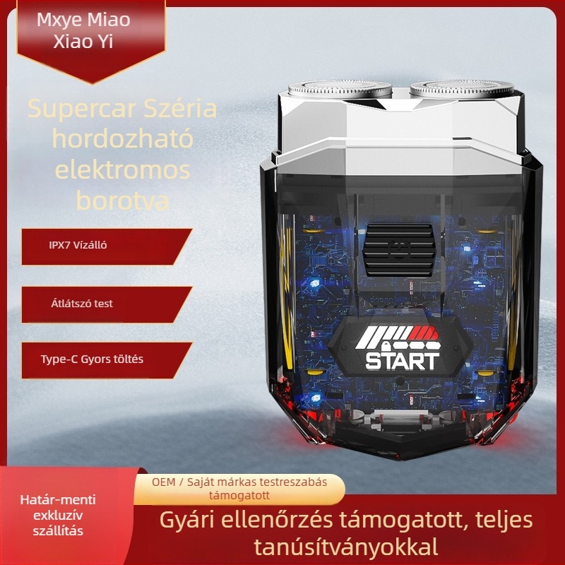 Elektromos borotva forgó kétfejű, kompakt és újratölthető, teljesen mosható, száraz használatra, hosszú üzemidő (75 perc).