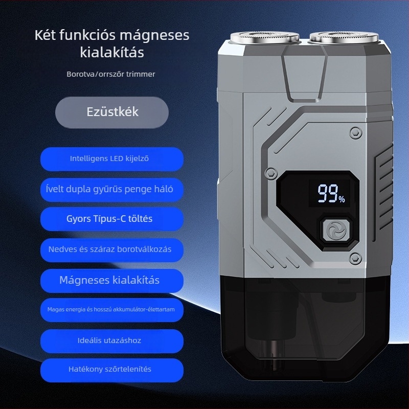 LED-kijelzős elektromos borotva, kefe nélküli motorral, USB töltés, beépített 300–500 mAh akkumulátor, levehető és mosható vágófej, alacsony zajszint