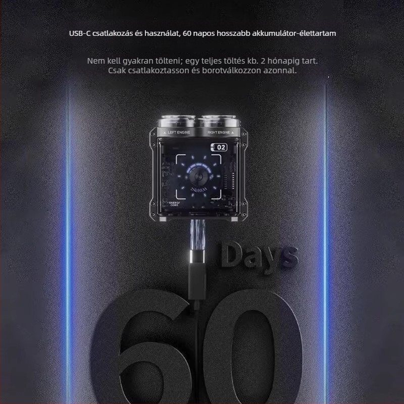 Elektromos borotva az egész testhez, teljes testben mosható kivitel, forgó fej két pengével, intelligens tisztítás, akkumulátoros üzemideje több mint 60 perc, kefés motor