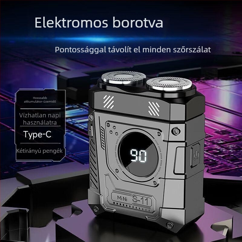 Férfiak elektromos borotválkozó készüléke LED-kijelzővel, forgó 2 pengéjű fej, beépített akkumulátor, Type-C töltés, teljesen mosható