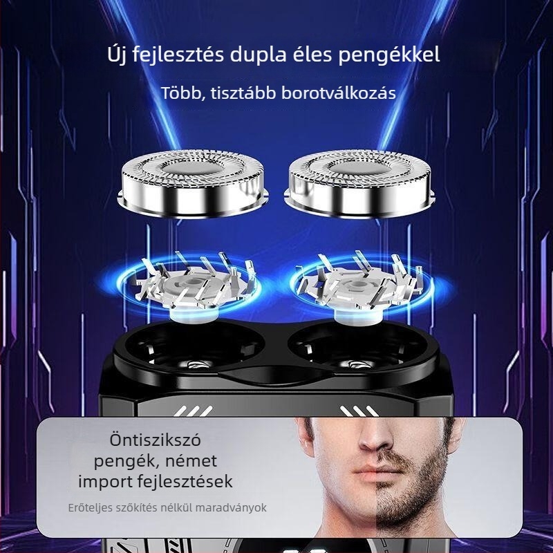 Férfiak elektromos borotválkozó készüléke LED-kijelzővel, forgó 2 pengéjű fej, beépített akkumulátor, Type-C töltés, teljesen mosható