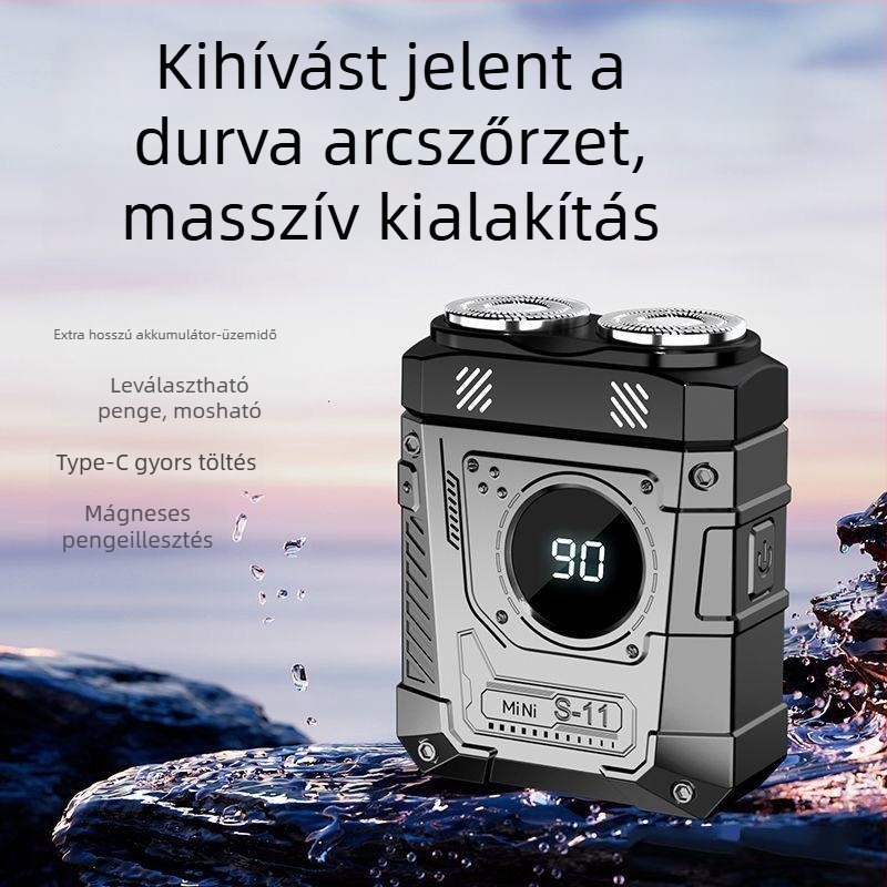 Férfiak elektromos borotválkozó készüléke LED-kijelzővel, forgó 2 pengéjű fej, beépített akkumulátor, Type-C töltés, teljesen mosható