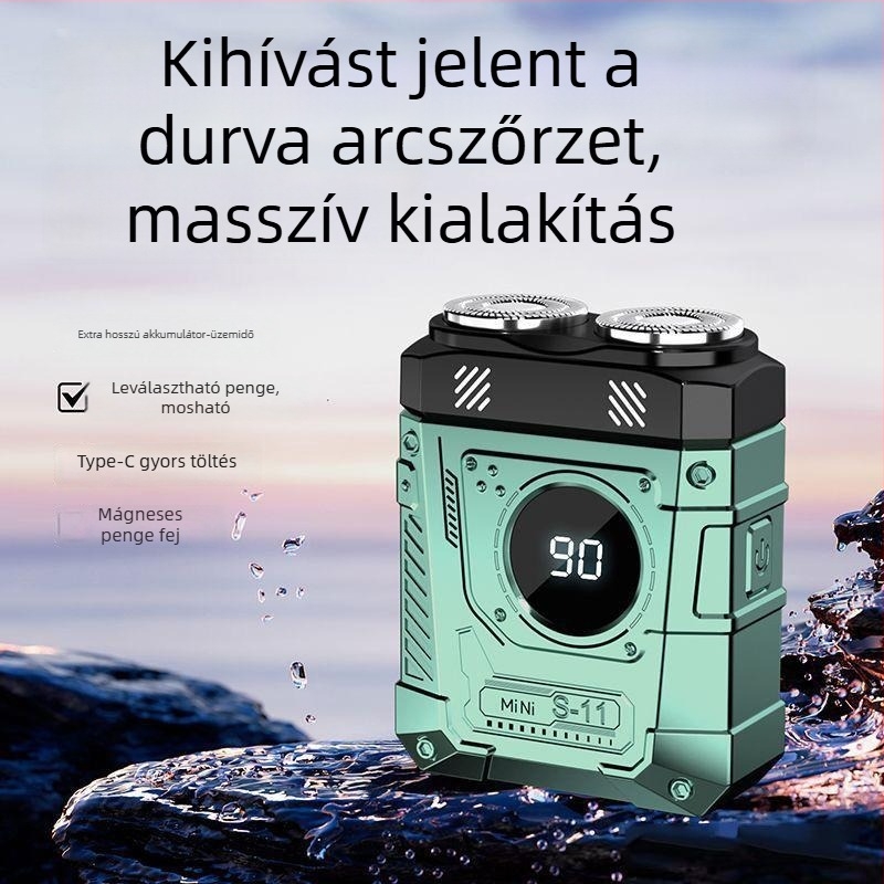 Férfiak elektromos borotválkozó készüléke LED-kijelzővel, forgó 2 pengéjű fej, beépített akkumulátor, Type-C töltés, teljesen mosható