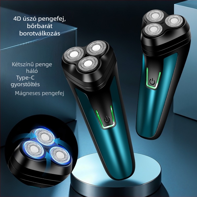 Fenelp elektromos borotva lebegő fejjel, forgó 3 penge fej, levehető és mosható fej, beépített újratölthető akkumulátor 300–500 mAh, 60+ perc üzemidő