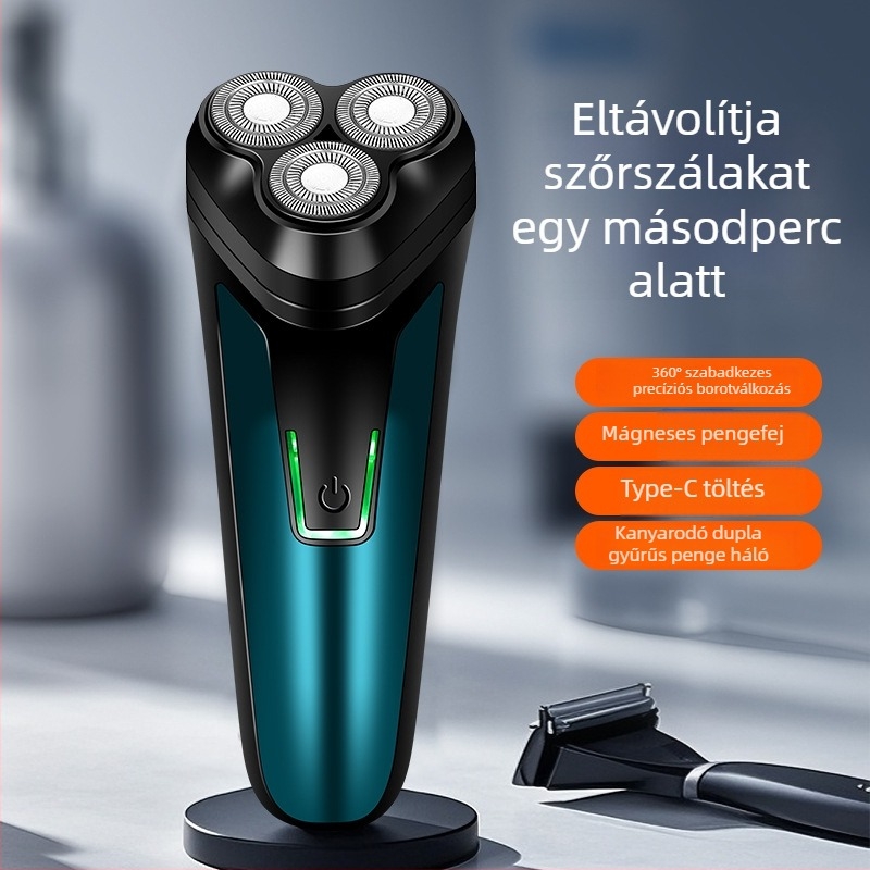 Fenelp elektromos borotva lebegő fejjel, forgó 3 penge fej, levehető és mosható fej, beépített újratölthető akkumulátor 300–500 mAh, 60+ perc üzemidő