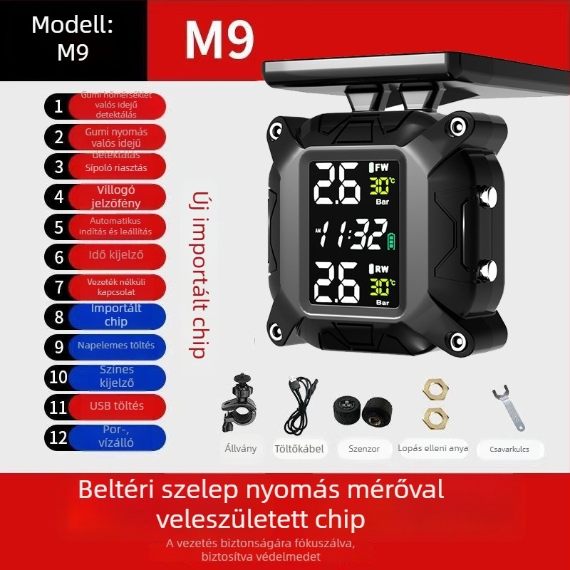 Motorkerékpár gumiabroncsnyomás-figyelő rendszer, napelemes vezeték nélküli külső monitor, modell M7, digitális kijelző, tartomány 0.1–6 bar
