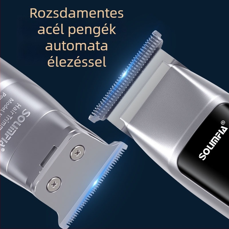 3–az–1 arcszőrzetvágó LED kijelzővel, USB töltés, beépített akkumulátor, leválasztható mosható fej, 90 perc üzemidő