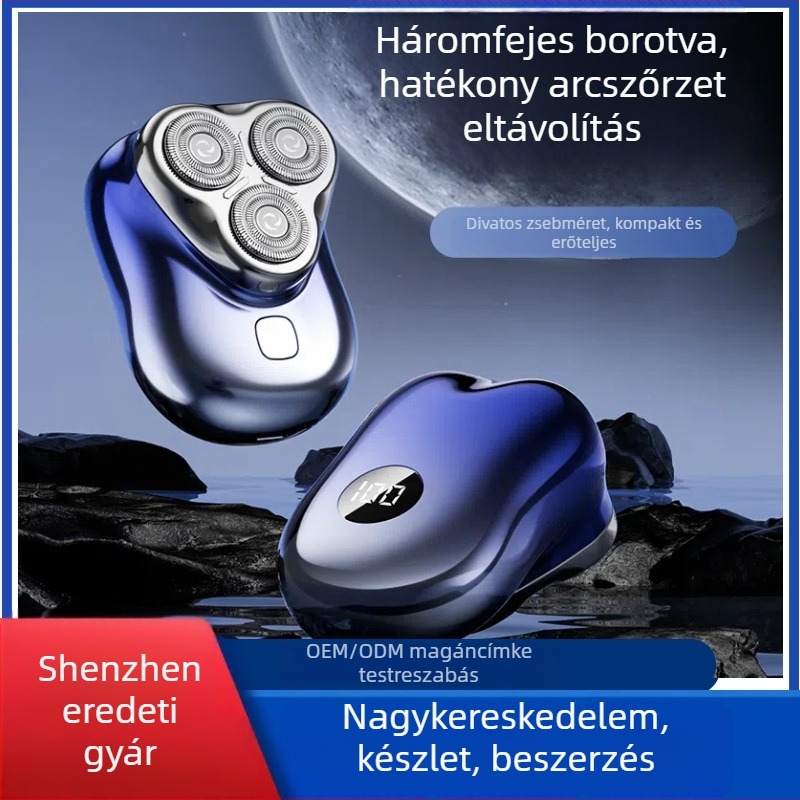 Úszófejű elektromos borotva, leválasztható és mosható vágófej, LED kijelző, újratölthető, beépített 300–500 mAh-s akkumulátor, üzemidő 40–60 perc
