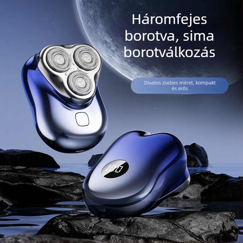Úszófejű elektromos borotva, leválasztható és mosható vágófej, LED kijelző, újratölthető, beépített 300–500 mAh-s akkumulátor, üzemidő 40–60 perc