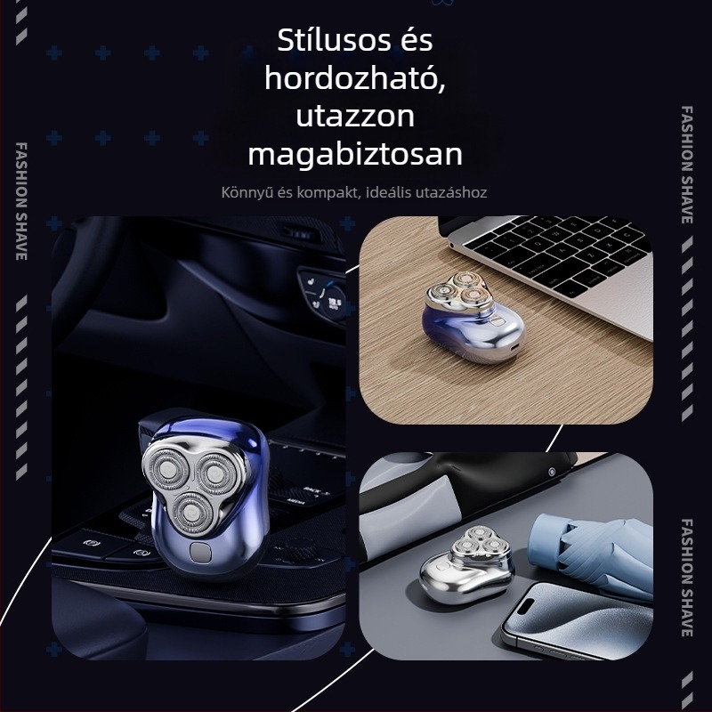 Úszófejű elektromos borotva, leválasztható és mosható vágófej, LED kijelző, újratölthető, beépített 300–500 mAh-s akkumulátor, üzemidő 40–60 perc
