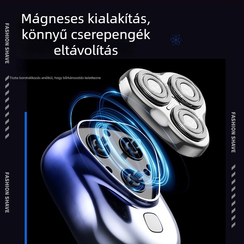 Úszófejű elektromos borotva, leválasztható és mosható vágófej, LED kijelző, újratölthető, beépített 300–500 mAh-s akkumulátor, üzemidő 40–60 perc