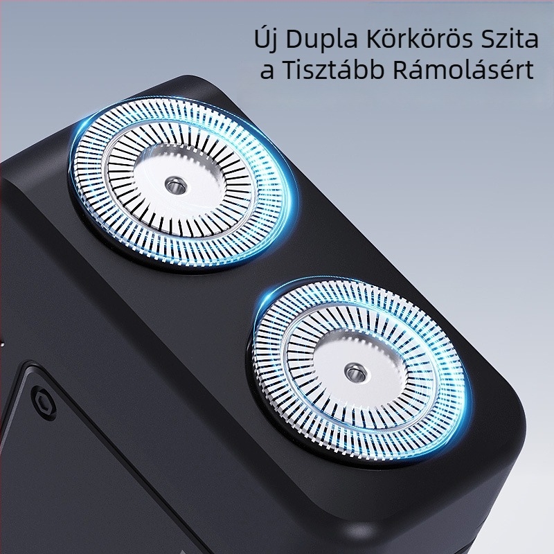 Elektromos borotva, forgó fejen két pengével; beépített 300-500 mAh akkumulátor; USB töltés; nedves és száraz használat; mosható vágófej