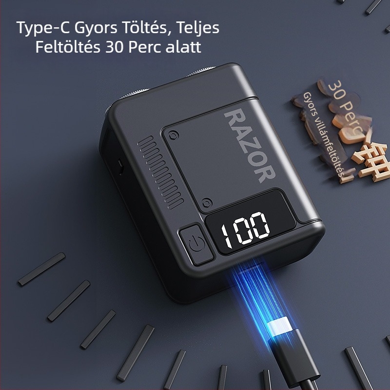 Elektromos borotva, forgó fejen két pengével; beépített 300-500 mAh akkumulátor; USB töltés; nedves és száraz használat; mosható vágófej