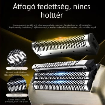 Négyszeres fejű elektromos borotva, fej mozgó előre-hátra, teljes test vízálló, LED kijelző, beépített 1000–1200 mAh akkumulátor, üzemidő >60 perc