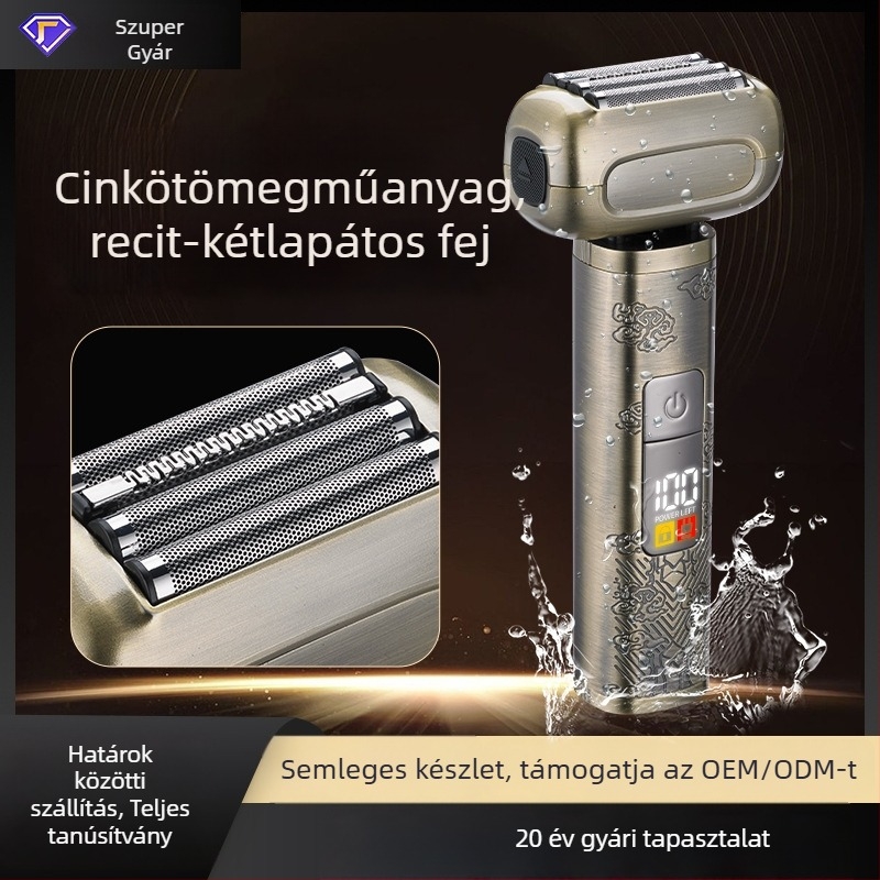 Négyszeres fejű elektromos borotva, fej mozgó előre-hátra, teljes test vízálló, LED kijelző, beépített 1000–1200 mAh akkumulátor, üzemidő >60 perc