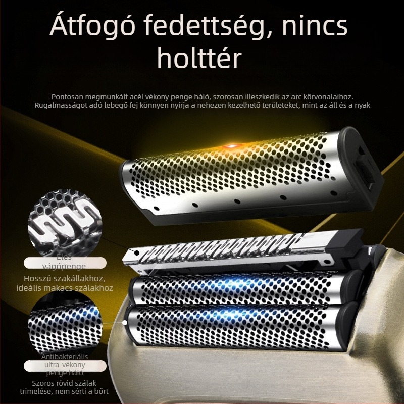 Négyszeres fejű elektromos borotva, fej mozgó előre-hátra, teljes test vízálló, LED kijelző, beépített 1000–1200 mAh akkumulátor, üzemidő >60 perc