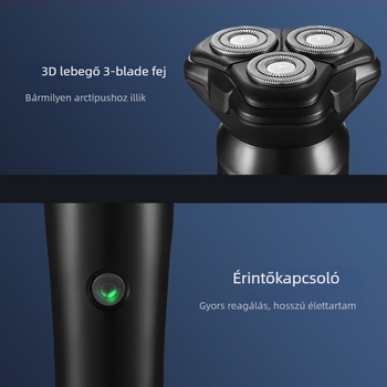 3‑pengéjű forgó fejű elektromos borotva, lebegő vágófej, nedves és száraz használat, beépített újratölthető akkumulátor (45-60 perc), 4 órás töltés.