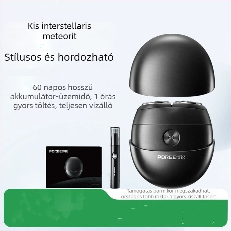 Poree/Borui elektromos borotva – forgó fej két pengével, brushless motor, beépített akkumulátor, AC tápellátás, zaj 36–45 dB