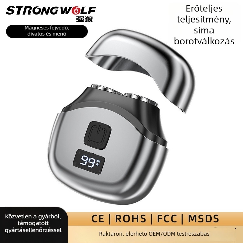 Strong Wolf elektromos borotva forgó fejű 2 élesével, úszó fej, digitális kijelző, Type-C gyors töltés, cserélhető és mosható penge