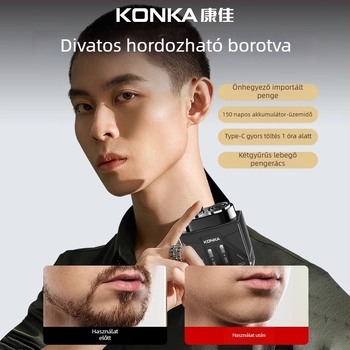 Konka elektromos borotva LED kijelzővel, átlátszó hordozható kialakítás, 2 pengés forgó fej, lebegő fej, beépített akkumulátor