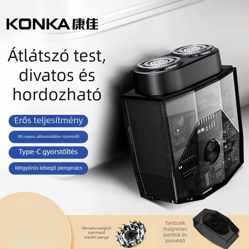 Konka elektromos borotva LED kijelzővel, átlátszó hordozható kialakítás, 2 pengés forgó fej, lebegő fej, beépített akkumulátor