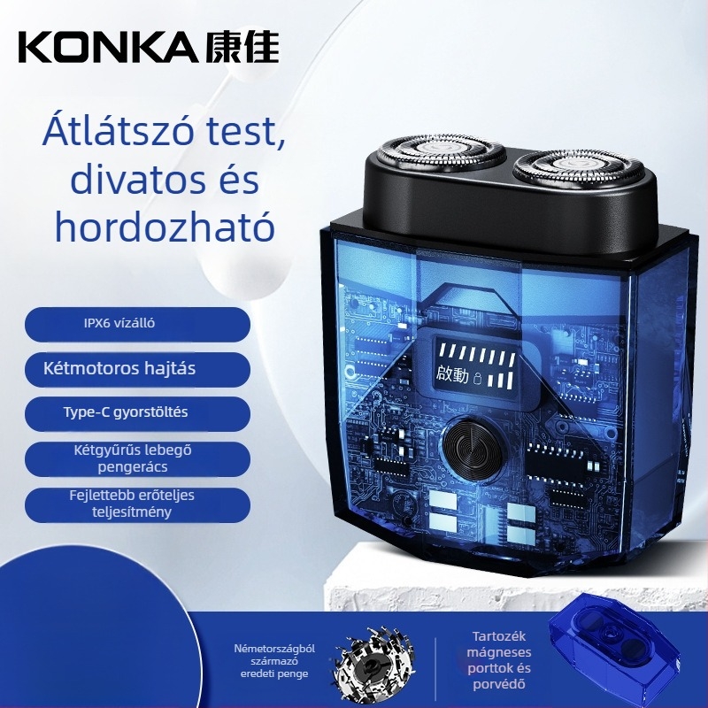 Konka elektromos borotva LED kijelzővel, átlátszó hordozható kialakítás, 2 pengés forgó fej, lebegő fej, beépített akkumulátor