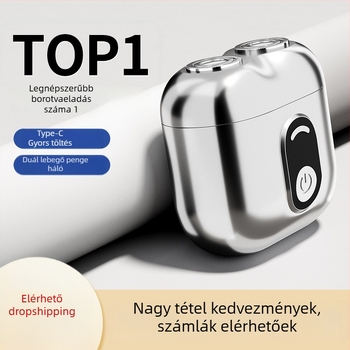Elektromos borotva teljes test tisztítására, forgó fejű kétélű borotva, brushless motor, beépített 1000–1200 mAh akkumulátor, üzemidő 15–30 perc