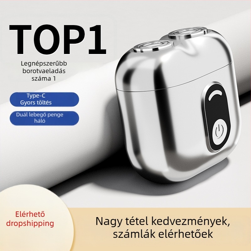 Elektromos borotva teljes test tisztítására, forgó fejű kétélű borotva, brushless motor, beépített 1000–1200 mAh akkumulátor, üzemidő 15–30 perc