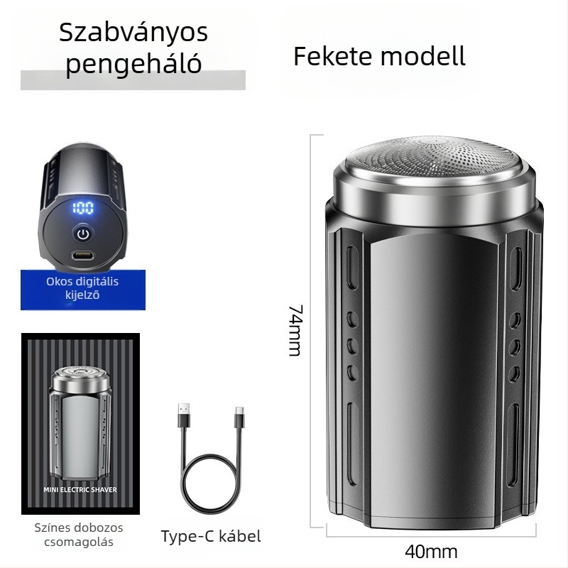 Férfi elektromos borotva, forgó fej 4+ pengével, nedves és száraz használat, beépített akkumulátor, LED kijelző
