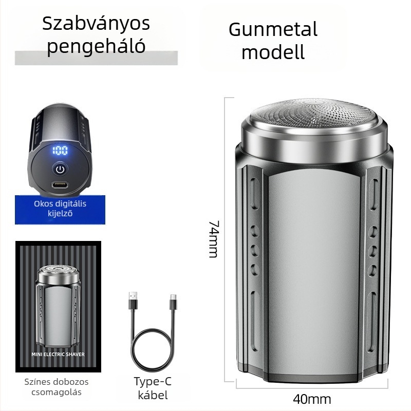 Férfi elektromos borotva, forgó fej 4+ pengével, nedves és száraz használat, beépített akkumulátor, LED kijelző