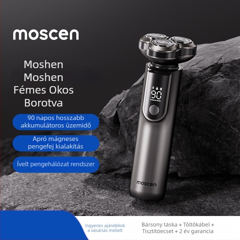 Moshen elektromos borotva három penge forgó fejjel, lebegő fej, teljes test tisztítás funkcióval, beépített 50–100 mAh akkumulátor, üzemidő több mint 60 perc