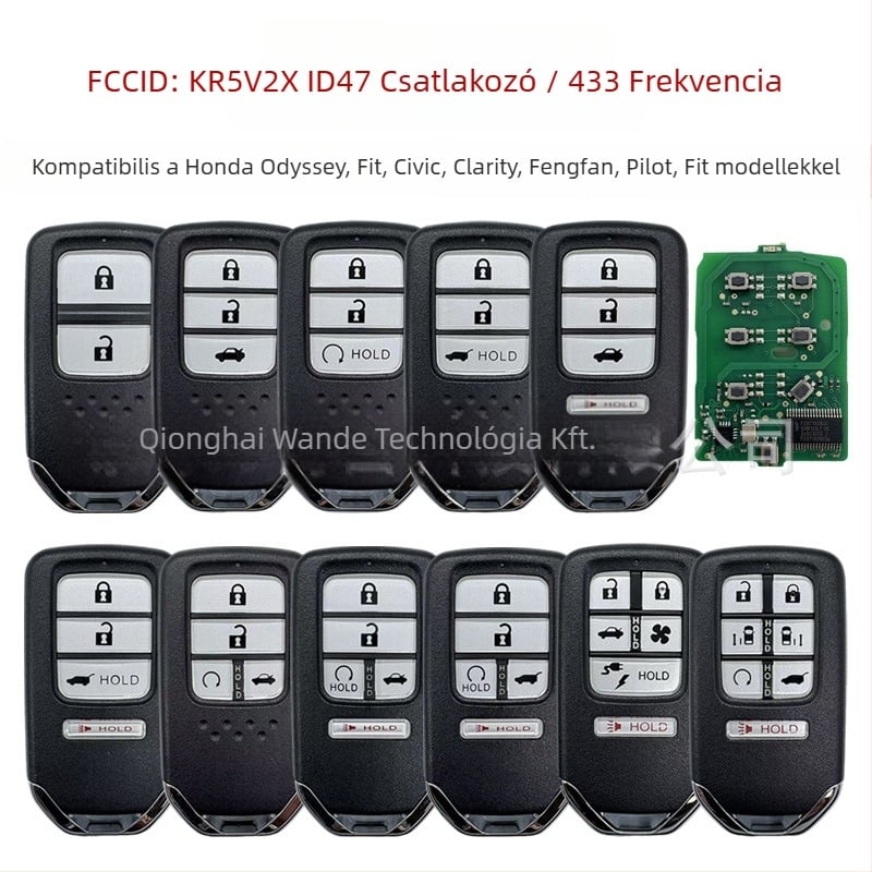 FCCID KR5V2X Honda kulcsház 47-es chippel, 2–6 gombos távirányító, műanyag+fém burkolat, kompatibilis Honda Vezel, Civic, Pilot, Fit, Odyssey, CR-V, HR-V, XR-V