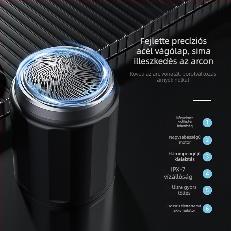 Elektromos borotva lebegő hárompengés forgó fejjel, levehető és mosható fej, kefe nélküli motor, beépített 300–500 mAh akkumulátor
