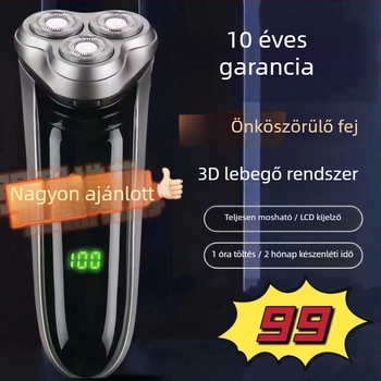 Lebegő fejű elektromos borotva 3‑pengés fejjel; brushless motor; beépített, újratölthető akkumulátor, akár 60 perc működés; levehető és mosható fej