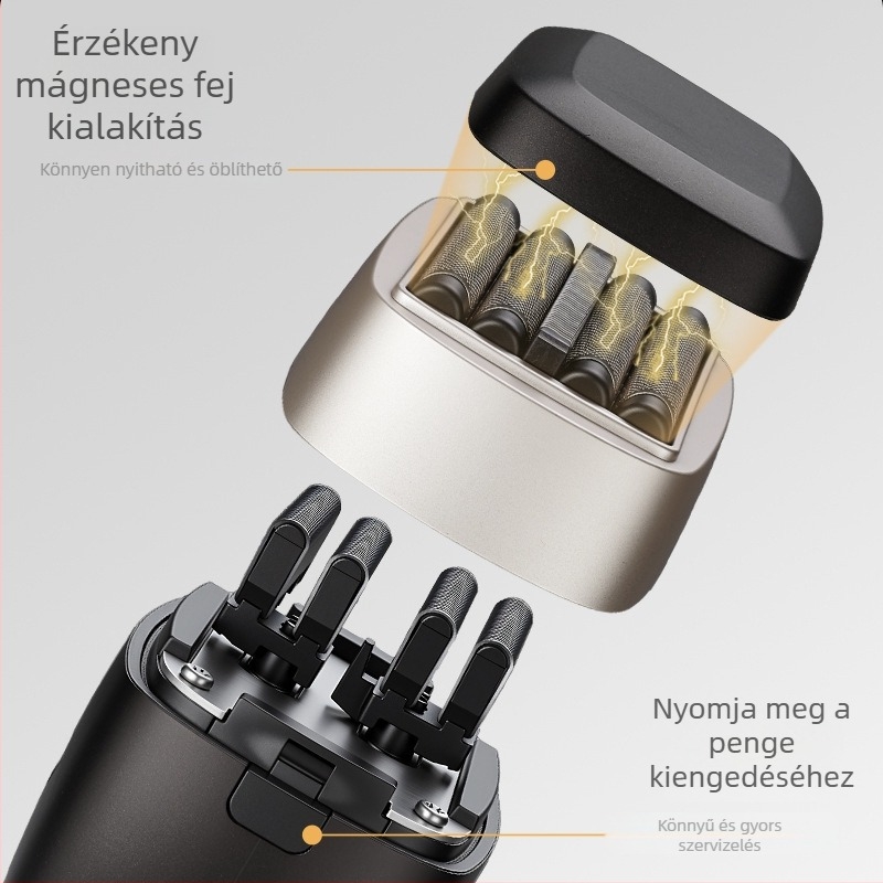 Mengli elektromos borotva brushless motorral, lebegő fej, LED kijelző; teljesen vízálló a test mosásához, beépített 1200–2000 mAh akkumulátor, újratölthető, működési idő 70–80 perc