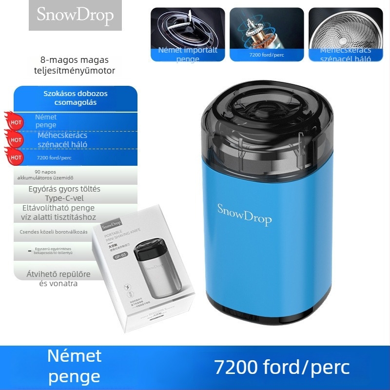 Hordozható elektromos borotva 3 pengés forgó fejjel, lebegő fej, levehető tisztító fej, beépített 100-300 mAh akkumulátor, 30 napos üzemidő, DC motor
